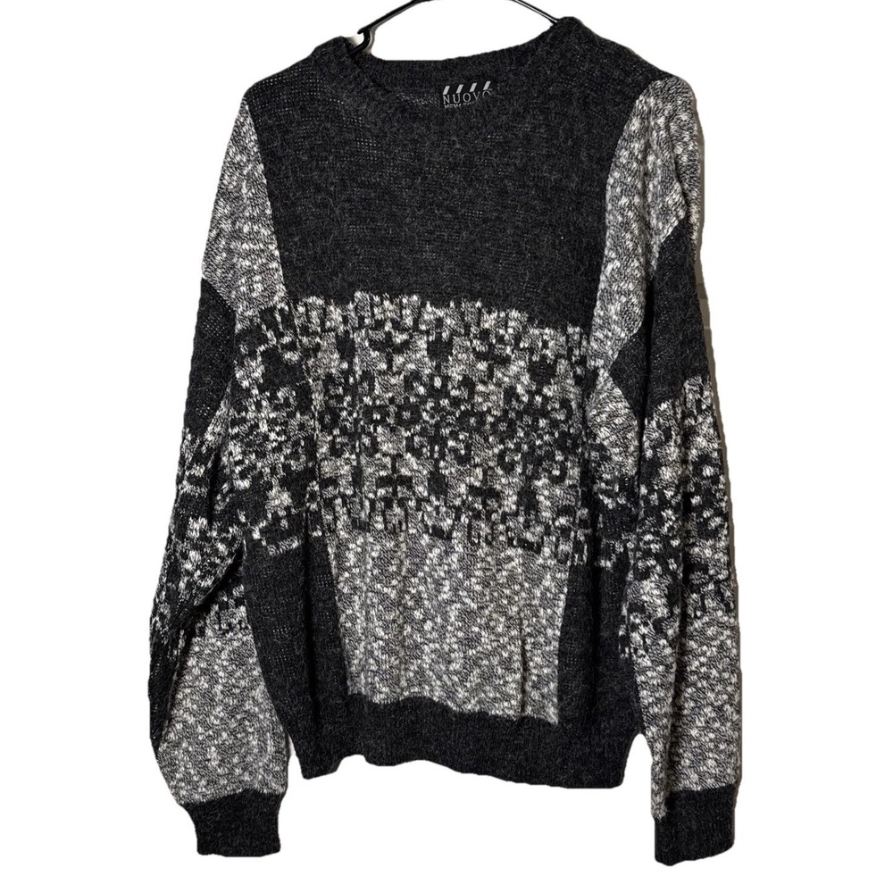VTG Nuovo New Forces Mens Med Fuzzy Knit Sweater‎ Black Gray Abstract Colorblock